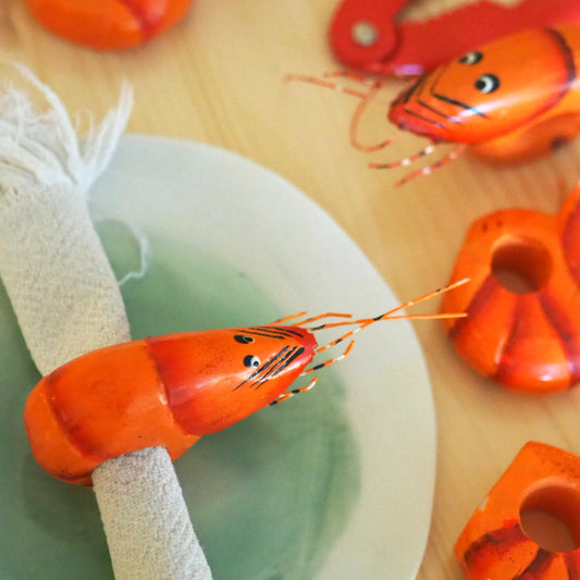 WOODEN SHRIMP NAPKIN RINGS - SET OF 6